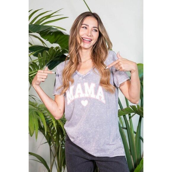 SALE! Sew In Love Mama Graphic Tee Grey VNeck Mineral Wash Top Shirt G55JOE1-330 - Picture 1 of 3